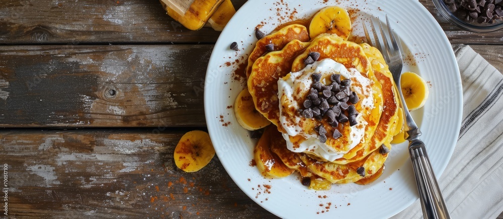 Wall mural Corn pancakes with caramelized bananas natural yogurt and chocolate chips on white plate Girl eating pancakes for breakfast First person view top view. Creative Banner. Copyspace image