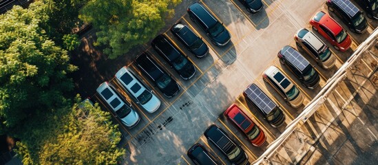 Cars in parking lot under solar panel roof aerial view. Creative Banner. Copyspace image