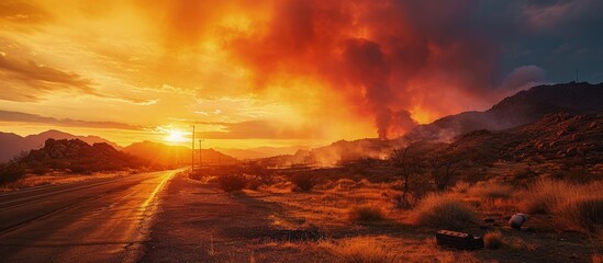 Brilliantly colored sunset in the desert over a community during a wildfire with smoke in the air road on left side. Creative Banner. Copyspace image