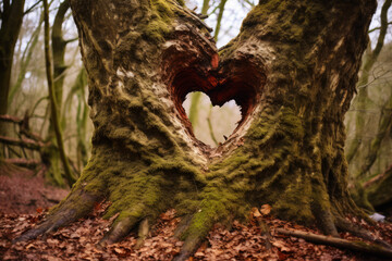 Corazón en la corteza de un árbol del bosque.