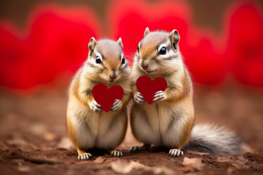 Pareja de ardillas enamoradas entregando sus corazones.