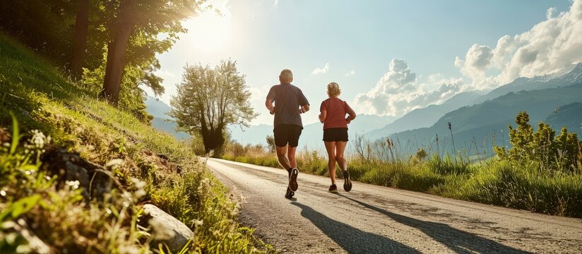 Full length rear view of two healthy senior people jogging on a country road against clear blue sky in summer. Creative Banner. Copyspace image