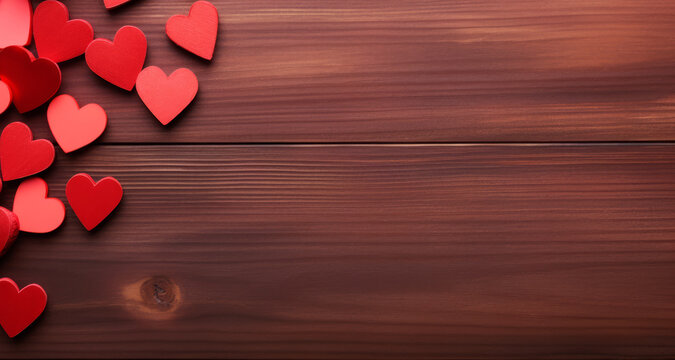 Fondo de corazones sobre mesa de madera con espacio en blanco.