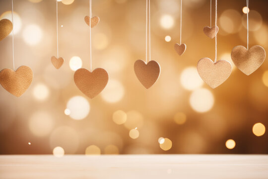 Imagen de San Valent&iacute;n de corazones dorados de fondo con luces desenfocadas.