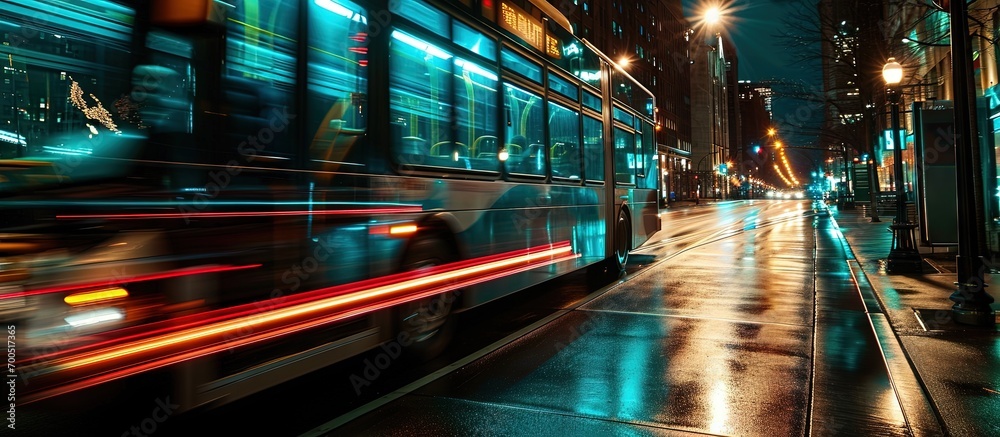 Aufkleber bus passing by in the street at night slow shutter speed motion. creative banner. copyspace image