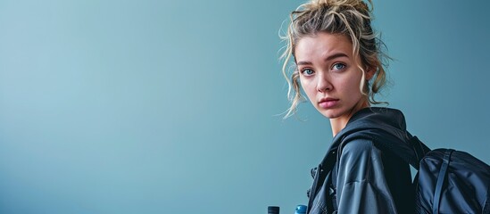 Beautiful young blonde woman holding gym bag and water bottle skeptic and nervous frowning upset because of problem negative person. Creative Banner. Copyspace image