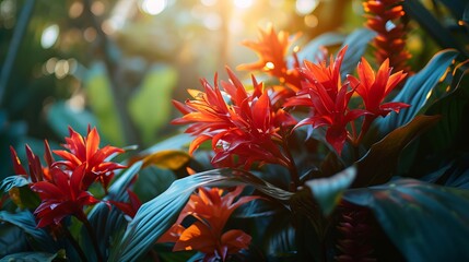 Vibrant Red Flowers Blooming Amidst Lush Green Leaves Illuminated by Golden Sunlight