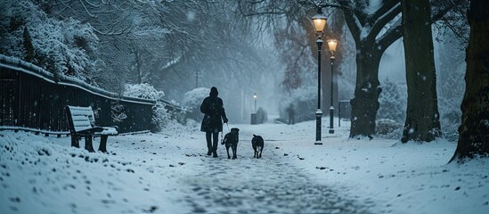 A person is seen walking two dogs through a misty morning snow scene The Stray Harrogate North Yorkshire UK. Creative Banner. Copyspace image