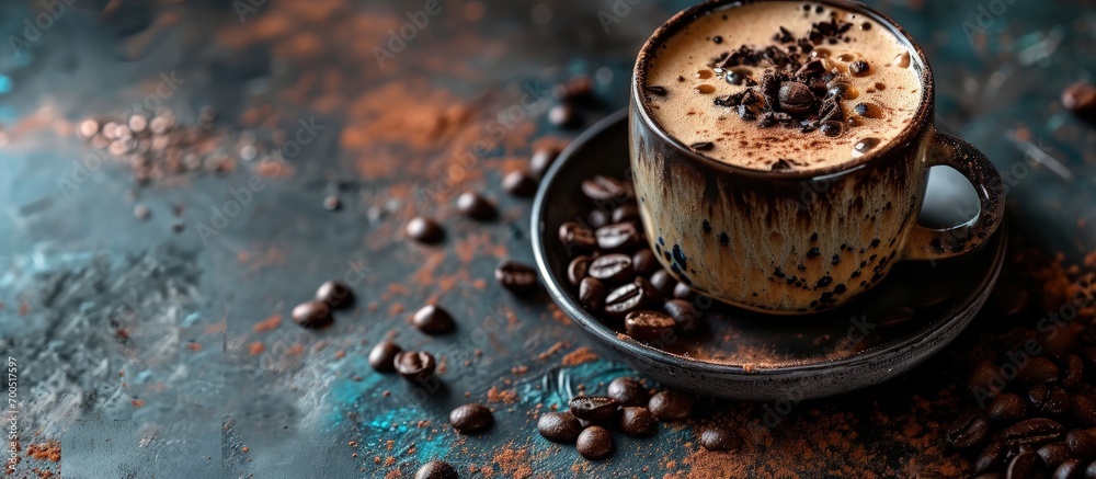 Poster caramel latte with float cocoa powder and chocolate chips topping perfect for recipe article catalog