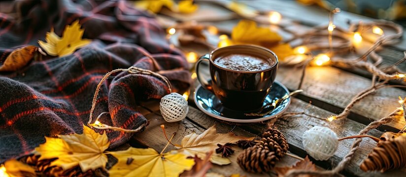 Autumn Holiday still life plaid with coffee and a woolen blanket autumn yellow leaves and white bulbs. Creative Banner. Copyspace image