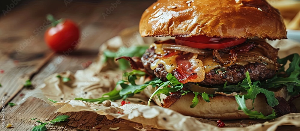 Poster burger with bacon meat onion sauce herbs and tomato on parchment. creative banner. copyspace image