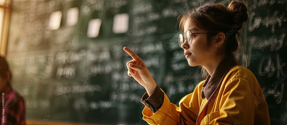 Poster a enthusiastic math teacher holding a lesson. creative banner. copyspace image