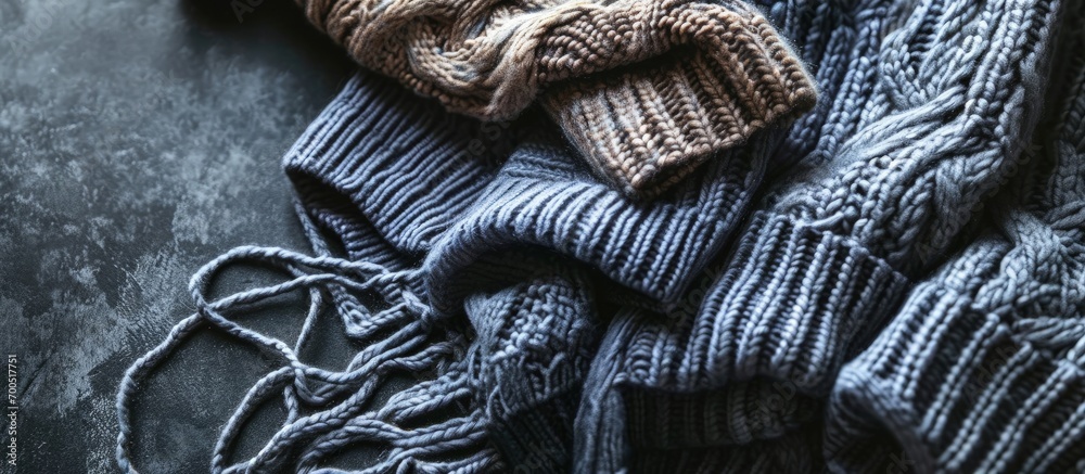 Poster a stack of gray knitted winter sweaters on a dark background. creative banner. copyspace image