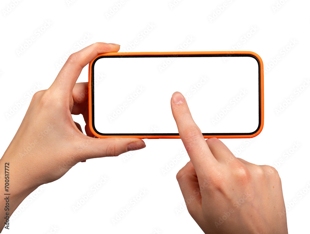 Poster mobile phone screen mock up in hand. iphone display, horizontal mockup isolated png transparant