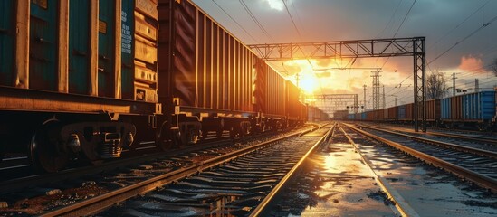 Cargo train platform at sunset with container. Creative Banner. Copyspace image
