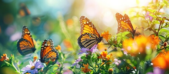 Colorful beautiful butterflies are floating on the light red and white flowers of green trees it looks very beautiful green nature around open sky shining sun around. Creative Banner. Copyspace image