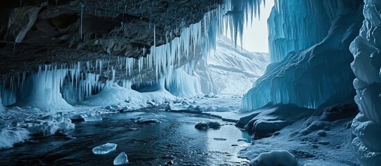 Beautiful view of the Sapphire Ice Cave located in Breidamerkurjokull glacier Vatnajokull south Iceland with blue colored ice surface on ceiling and icicles hanging on a moulin hole in winter