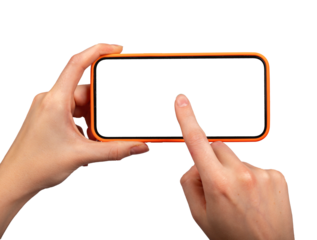 Mobile phone screen mock up in hand. Iphone display, horizontal mockup isolated png transparant