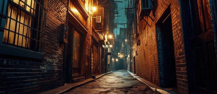 Dark empty scary urban city street alley with vintage buildings at night. Creative Banner. Copyspace image