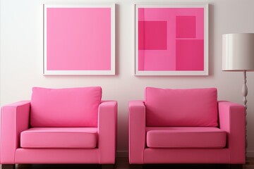 Pink Sofa and Chair with Art Poster Frames. Postmodern Memphis Style Living Room