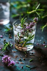 Herbal gin cocktail, botanical garnish, natural light, copy space