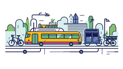 efficiency of public transportation in a vector scene featuring diverse modes of transit. buses, trains, and bicycles working together to create a well connected