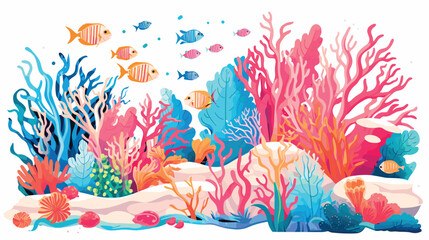biodiversity of a coral reef in a vector art piece showcasing the vibrant colors and intricate shapes of coral formations, along with a diversity of marine life.  - obrazy, fototapety, plakaty