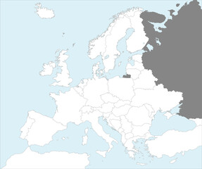 Gray CMYK national map of THE RUSSIAN FEDERATION (European part) inside detailed white blank political map of European continent on blue background using Mollweide projection