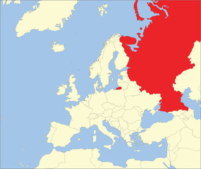 Red CMYK national map of THE RUSSIAN FEDERATION (European part) inside detailed beige blank political map of European continent on blue background using Mollweide projection