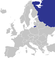 Blue CMYK national map of THE RUSSIAN FEDERATION (European part) inside simplified gray blank political map of European continent on transparent background using Mercator projection
