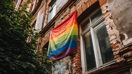 LGBT flag. Rainbow flag in the building window. Freedom of love and diversity  - obrazy, fototapety, plakaty