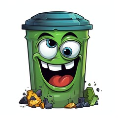 garbage can, trash,cartoon, round logo design, clipart