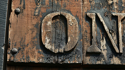 The word "on" written in black paint on an old wooden surface.
