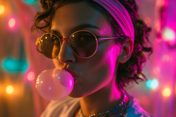 1980s retro teenage girl wearing headband with sunglasses and blowing chewing gum bubble, colorful party lights in background