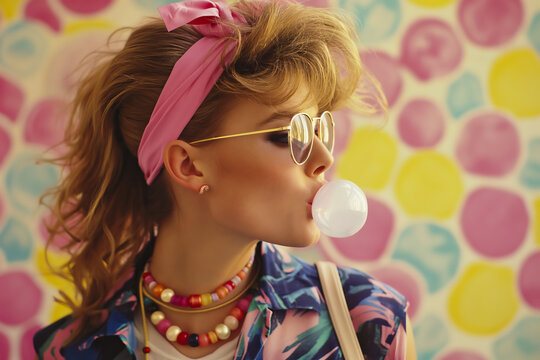 1980s retro teenage student girl wearing headband with sunglasses and blowing chewing gum bubble, colorful background
