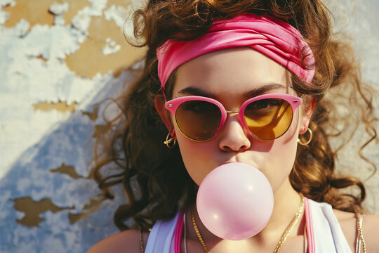 1980s retro teenage girl wearing headband with colorful sunglasses and blowing chewing gum bubble, grunge plaster wall in background
