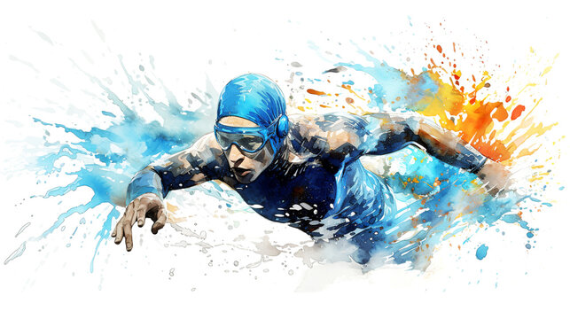 Watercolor abstract illustration of swimmer. Swimming action during colorful paint splash isolated on white background. AI generated.	