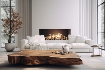 Scandinavian Rustic Live Edge Tree Trunk Coffee Table Near Fireplace in Modern Living Room