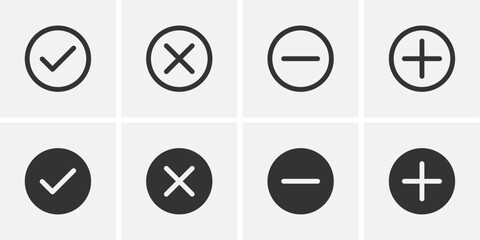 Check mark and Cross symbol icon vector. Plus and minus symbol icon vector illustration  - obrazy, fototapety, plakaty