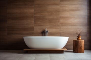 Fototapeta na wymiar Contemporary Bathroom with Stylish Wooden and Elegant Marble Stone Paneling Wall