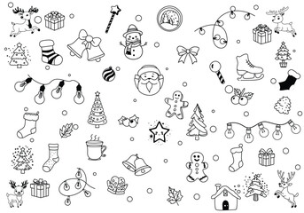 Set of simple hand drawn vector illustrations in black and white doodle style Marry Christmas
