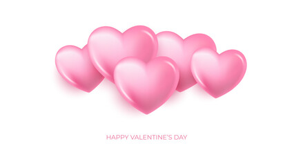 Happy Valentine's Day banner with 3d pink colored hearts. Valentines Day holiday festive background. Vector illustration.