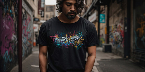 Photo d'un homme portant un t-shirt noir dans un environnement urbain