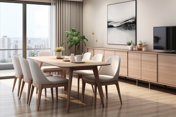 Fototapeta premium Contemporary Japandi Design. Modern Dining Room Interior with Scandinavian and Japanese Fusion