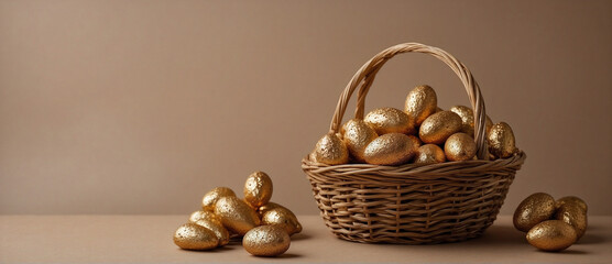 Un panier rempli d'oeufs de Pâques en chocolat sur un fond marron