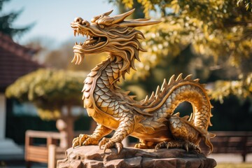 photograph of Dragon statue. Chinese wooden dragon outdoors on a sunny day. telephoto lens daylight --ar 3:2 --v 5.2 Job ID: 564314b4-54c3-4d4c-ab7d-0024c4c60353 - obrazy, fototapety, plakaty