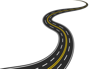 Curved road yellow white markings, vector illustration - obrazy, fototapety, plakaty