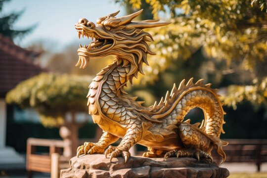 photograph of Dragon statue. Chinese wooden dragon outdoors on a sunny day. telephoto lens daylight --ar 3:2 --v 5.2 Job ID: 564314b4-54c3-4d4c-ab7d-0024c4c60353
