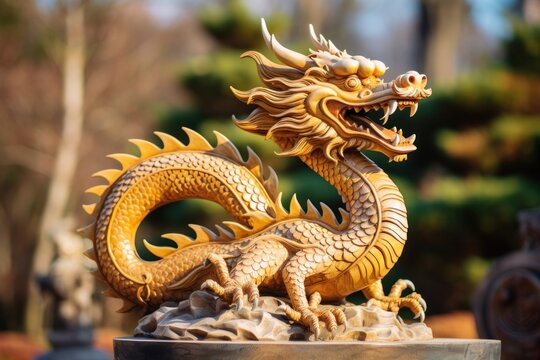 photograph of Dragon statue. Chinese wooden dragon outdoors on a sunny day. telephoto lens daylight --ar 3:2 --v 5.2 Job ID: 70367425-43bd-4e02-bdfb-0b44d2265cf9