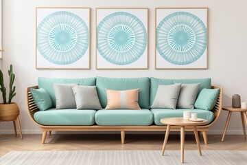 Teal Sofa and Three Frames on White Wall in Scandinavian Home Interior Design of Modern Living Room